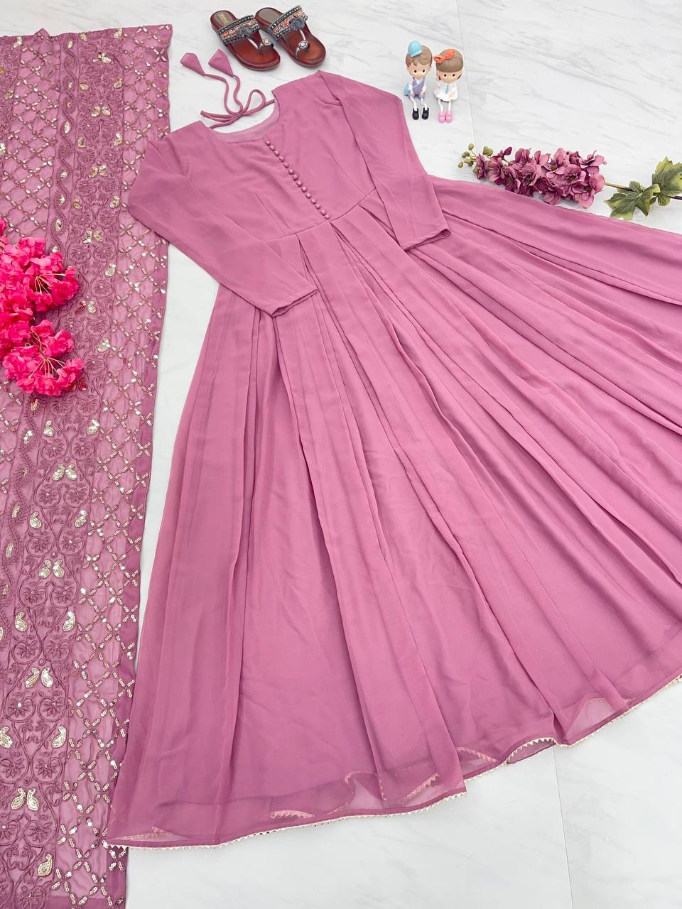Dusty Pink Elegant Designer Party Wear Gown & Dupatta Set