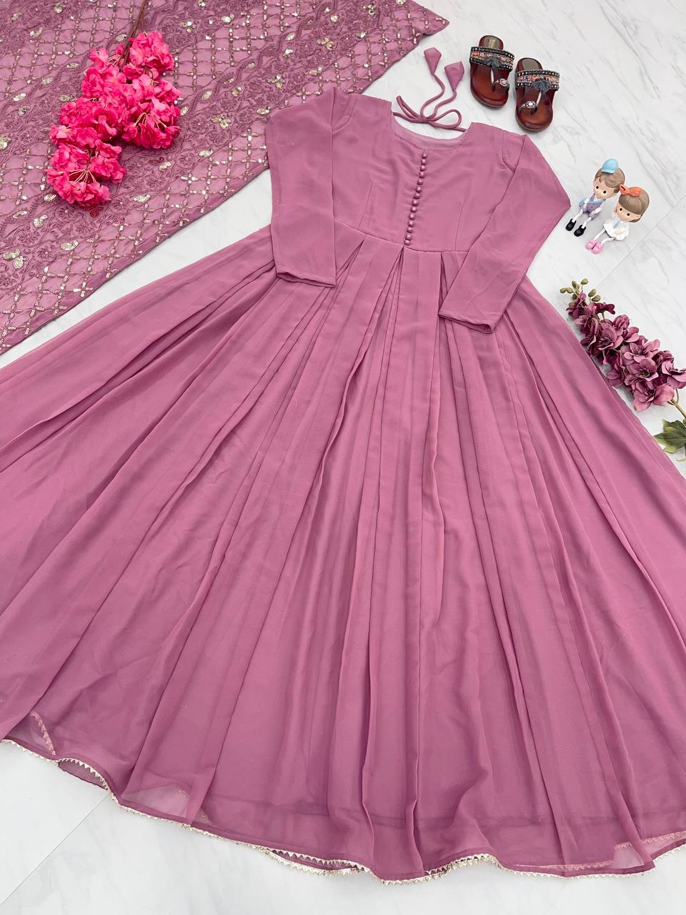 Dusty Pink Elegant Designer Party Wear Gown & Dupatta Set