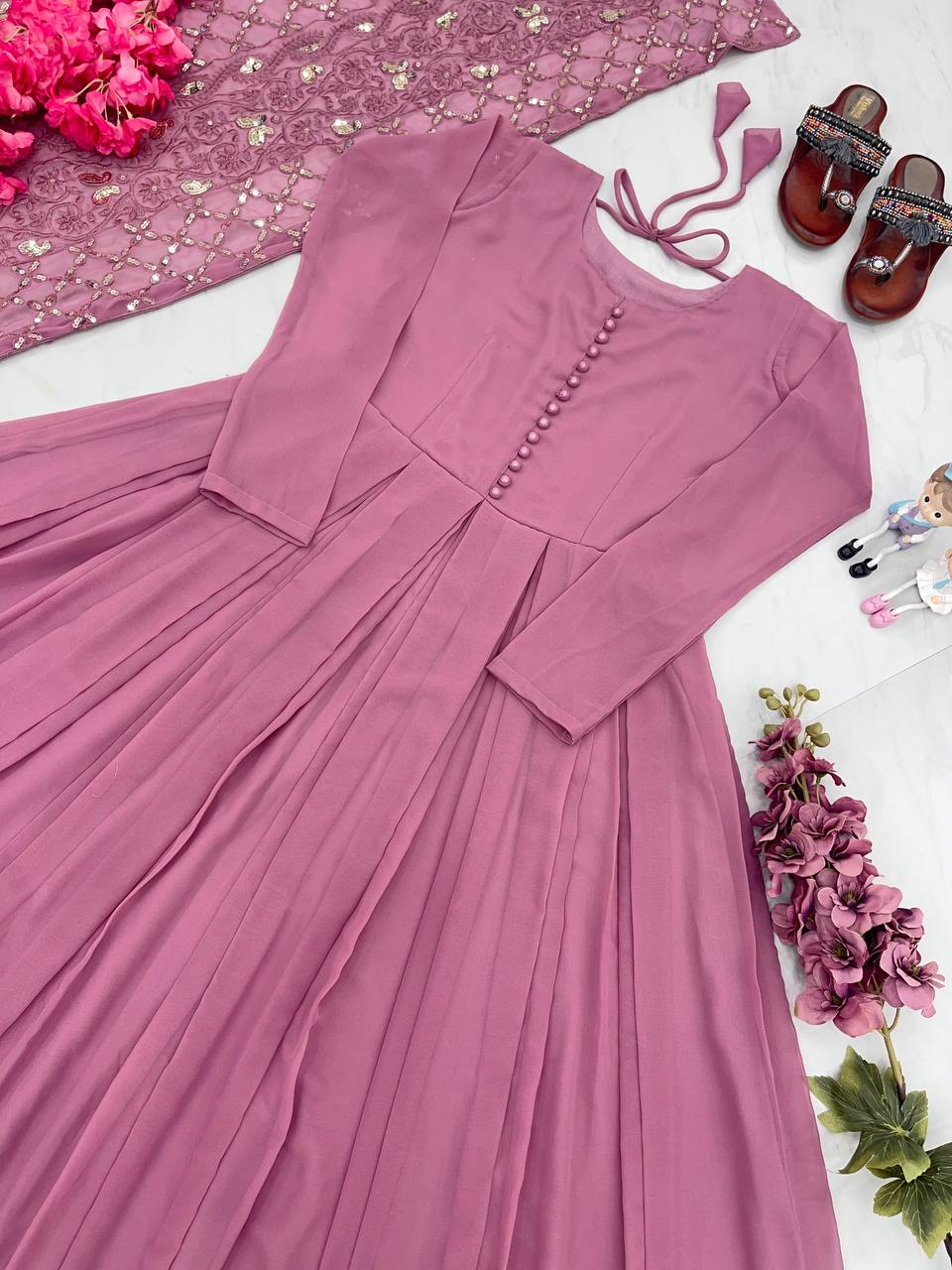 Dusty Pink Elegant Designer Party Wear Gown & Dupatta Set