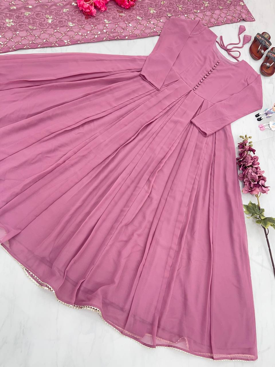 Dusty Pink Elegant Designer Party Wear Gown & Dupatta Set