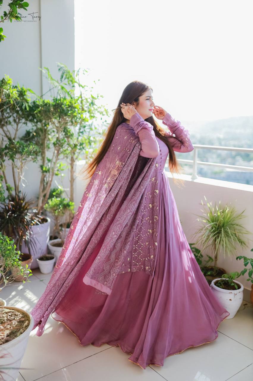 Dusty Pink Elegant Designer Party Wear Gown & Dupatta Set