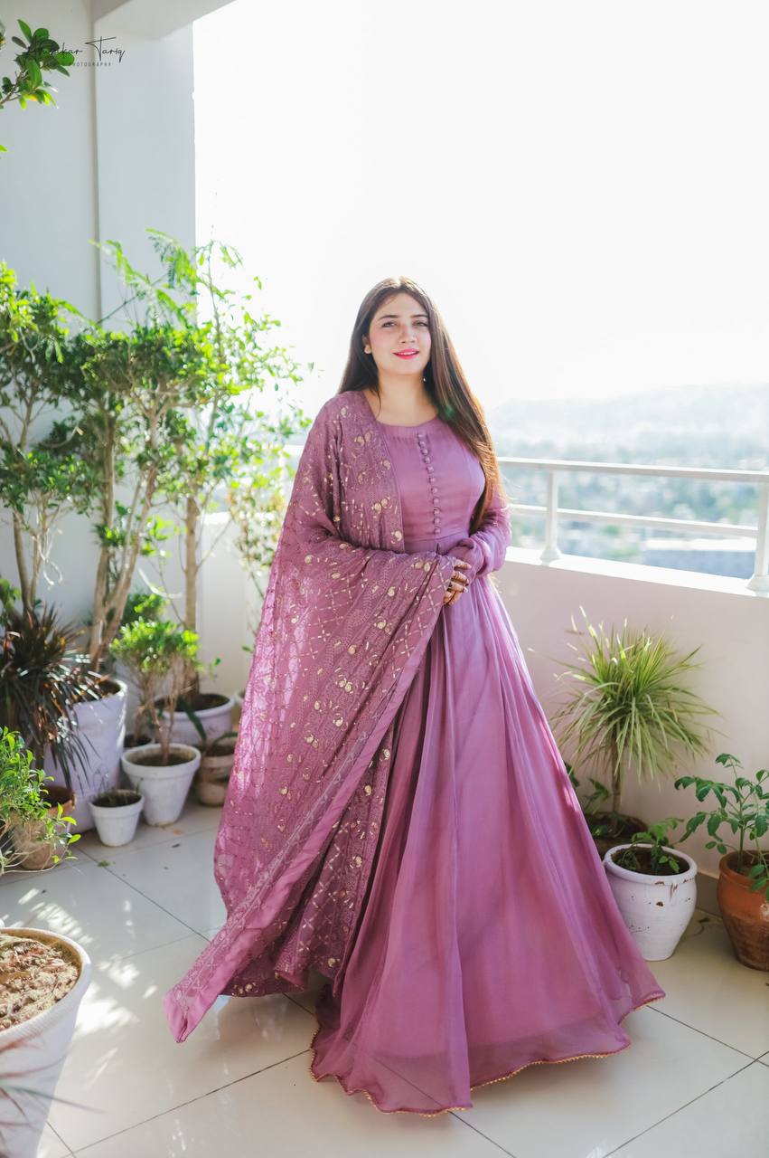 Dusty Pink Elegant Designer Party Wear Gown & Dupatta Set