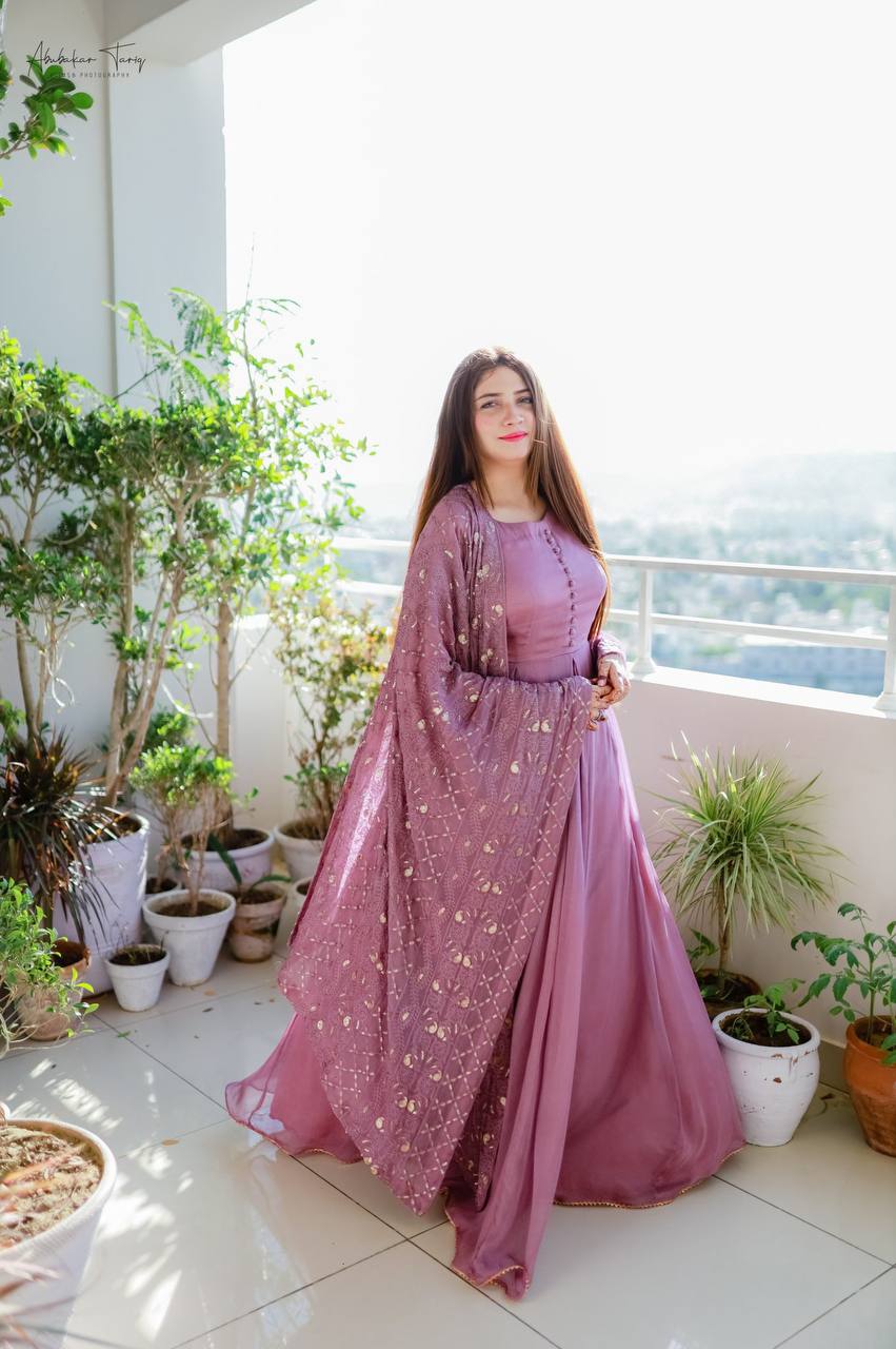 Dusty Pink Elegant Designer Party Wear Gown & Dupatta Set