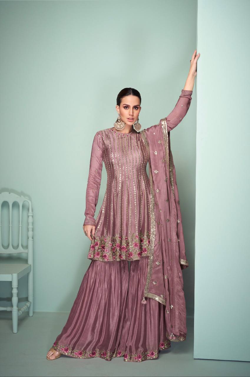 Dusty Pink Elegant Embroidered Chinon Suit Set