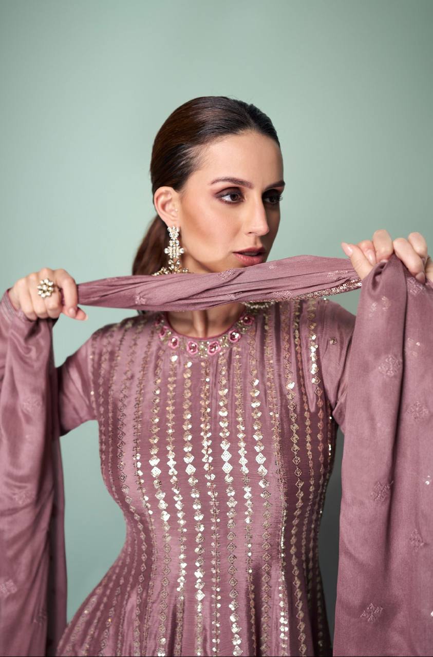 Dusty Pink Elegant Embroidered Chinon Suit Set
