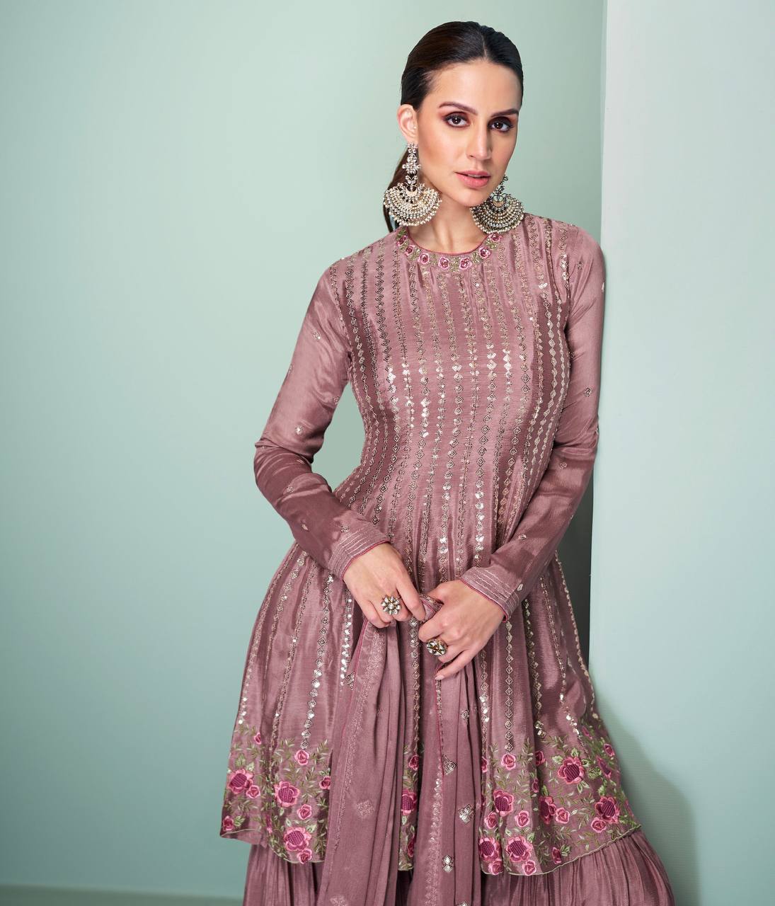 Dusty Pink Elegant Embroidered Chinon Suit Set