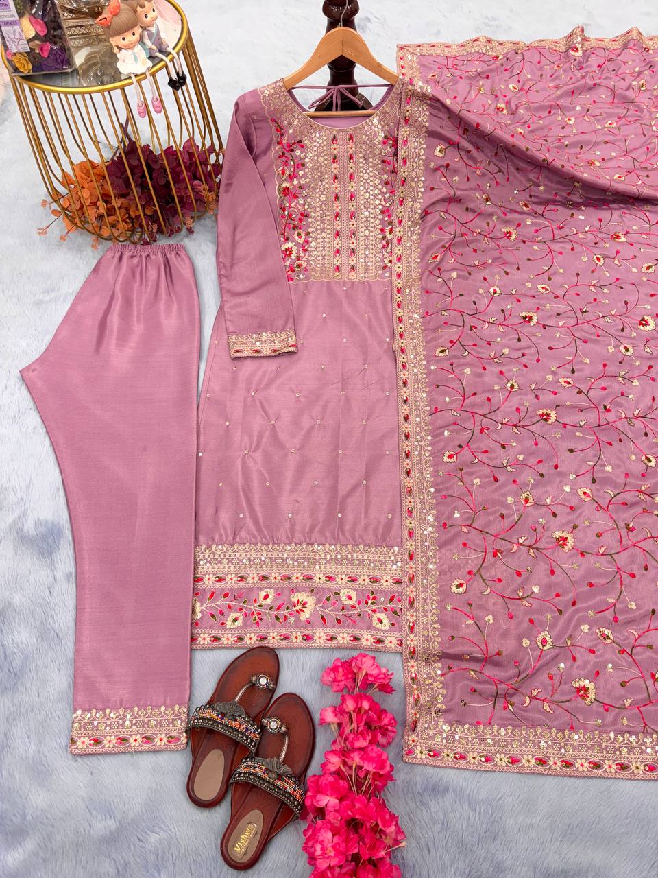 Dusty Pink Premium Designer Readymade Suit Set Heavy Chinon Silk