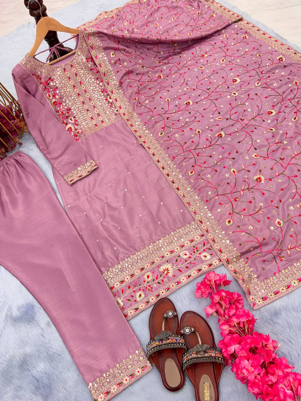 Dusty Pink Premium Designer Readymade Suit Set Heavy Chinon Silk