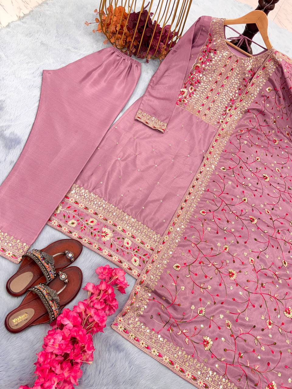 Dusty Pink Premium Designer Readymade Suit Set Heavy Chinon Silk