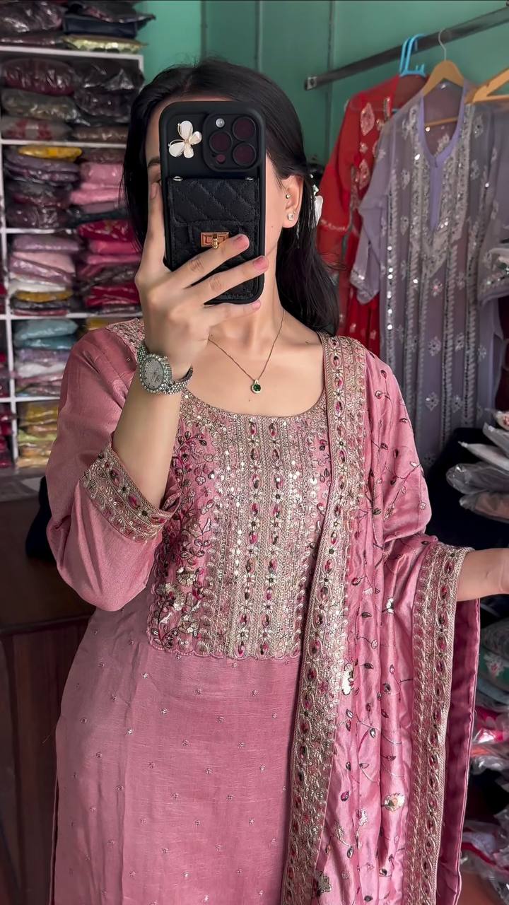 Dusty Pink Premium Designer Readymade Suit Set Heavy Chinon Silk