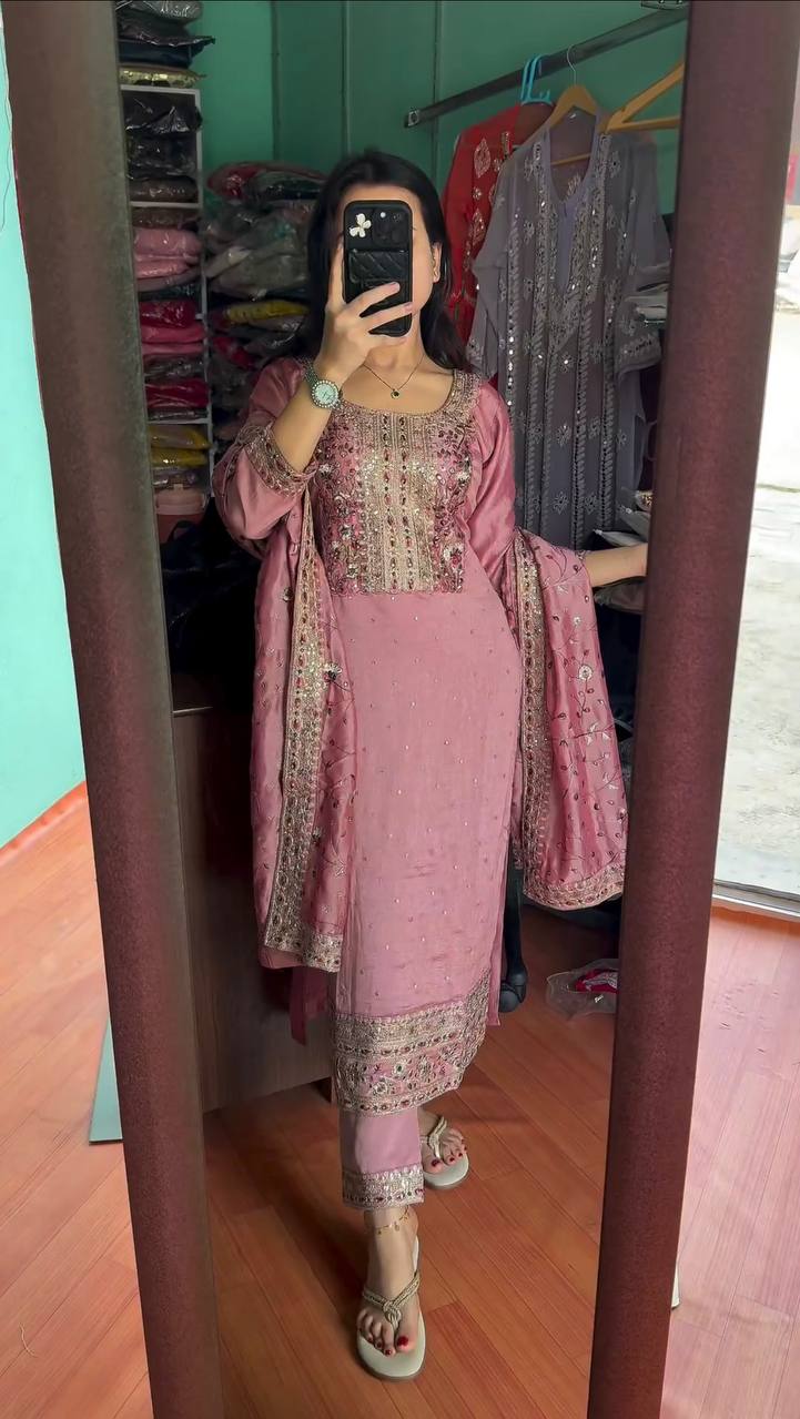 Dusty Pink Premium Designer Readymade Suit Set Heavy Chinon Silk