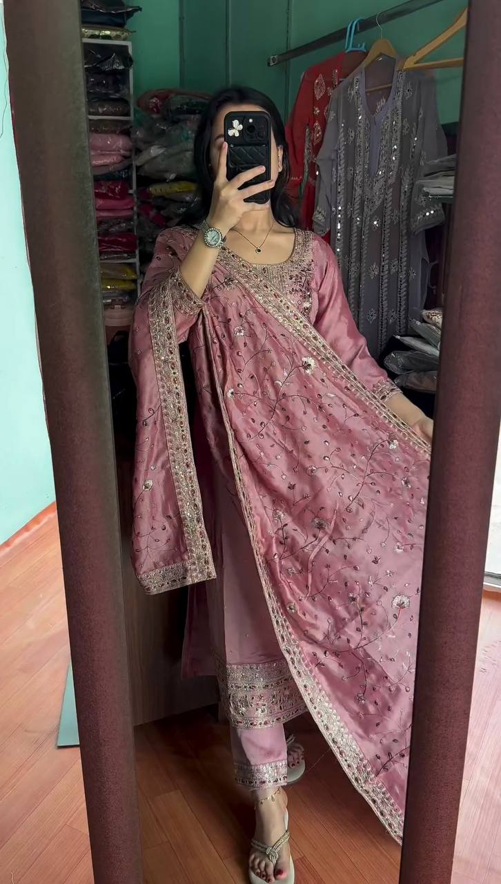 Dusty Pink Premium Designer Readymade Suit Set Heavy Chinon Silk