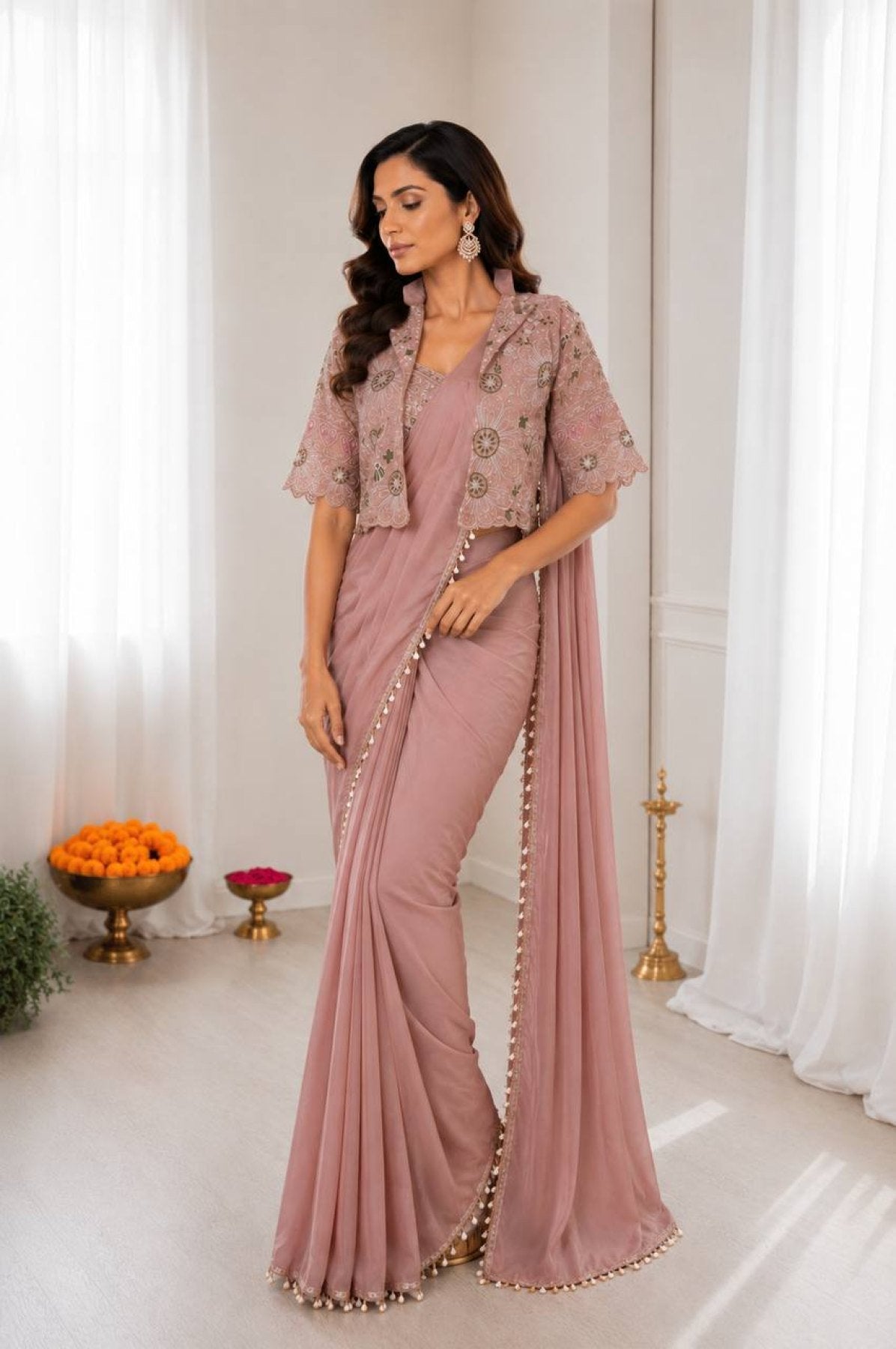 Pink Dusty Ready to Wear Crepe Silk Saree with Embroidered Jacket