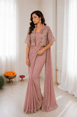 Pink Dusty Ready to Wear Crepe Silk Saree with Embroidered Jacket