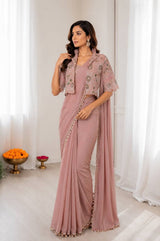 Pink Dusty Ready to Wear Crepe Silk Saree with Embroidered Jacket
