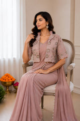 Pink Dusty Ready to Wear Crepe Silk Saree with Embroidered Jacket