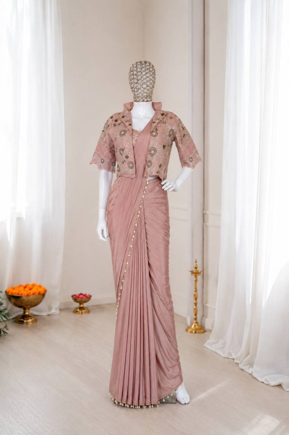 Pink Dusty Ready to Wear Crepe Silk Saree with Embroidered Jacket