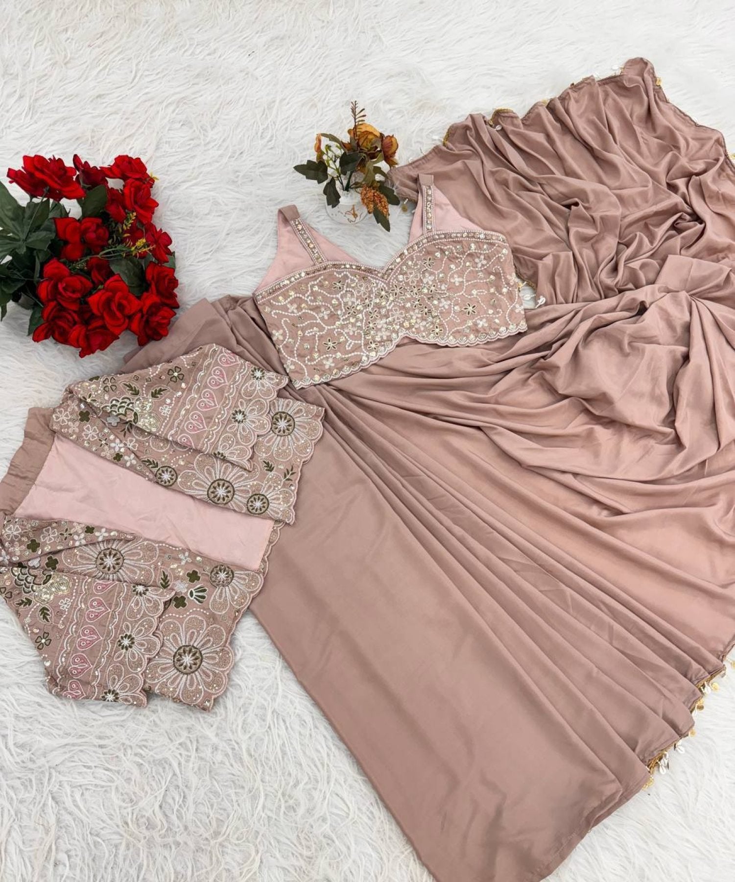 Pink Dusty Ready to Wear Crepe Silk Saree with Embroidered Jacket