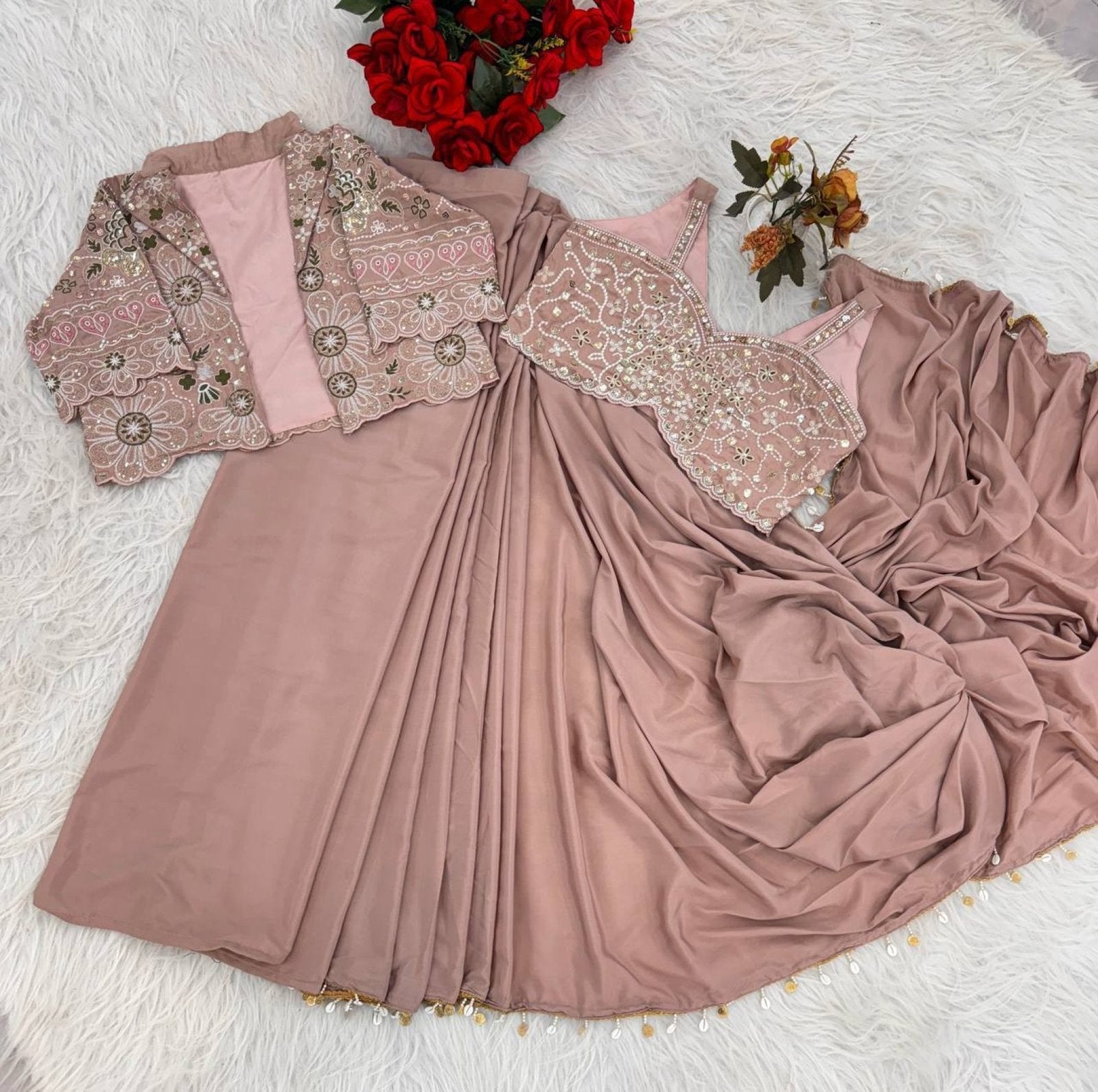 Pink Dusty Ready to Wear Crepe Silk Saree with Embroidered Jacket
