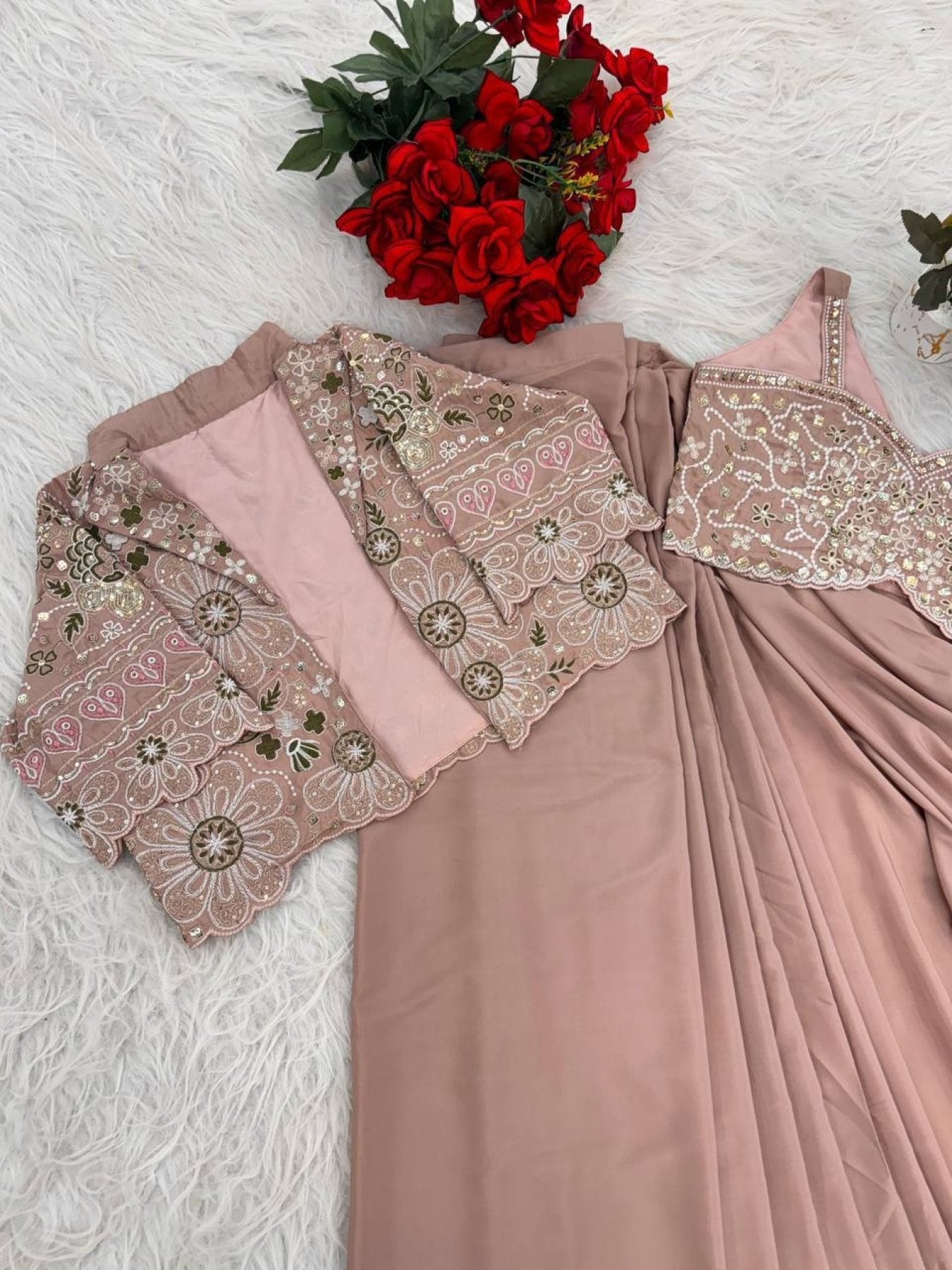 Pink Dusty Ready to Wear Crepe Silk Saree with Embroidered Jacket