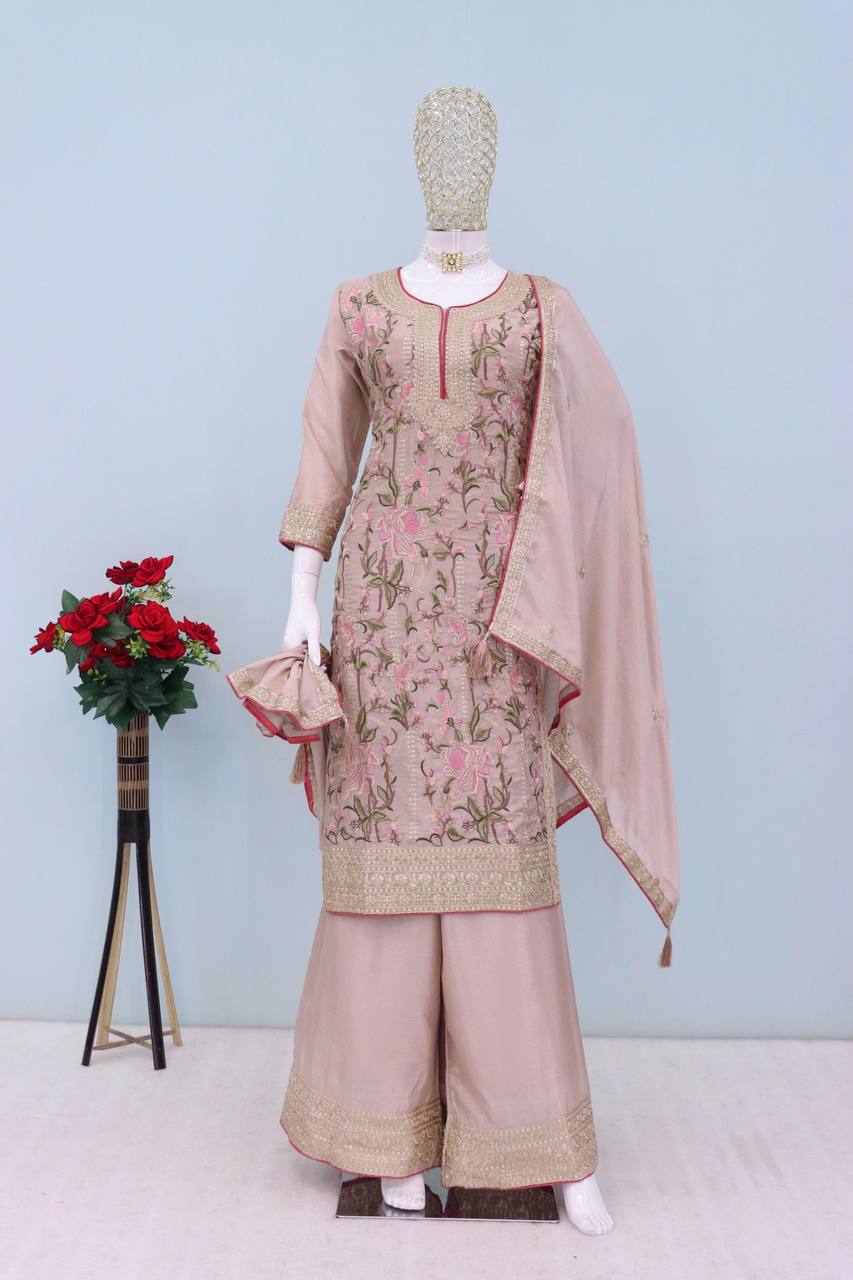 Dusty Purple Chinon Embroidered Suit Set with Dupatta – Fully Stitched