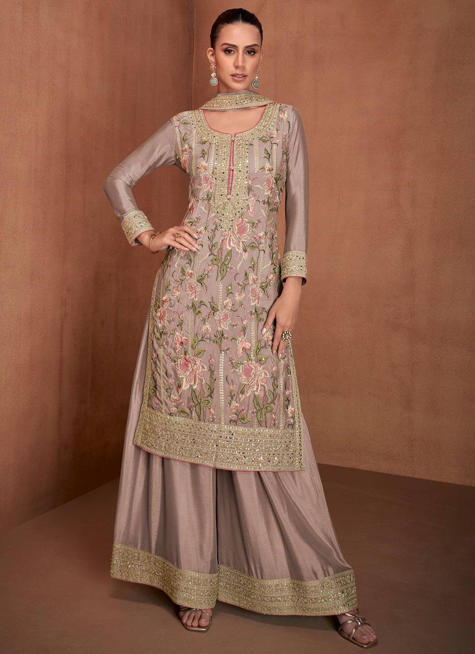 Dusty Purple Chinon Embroidered Suit Set with Dupatta – Fully Stitched