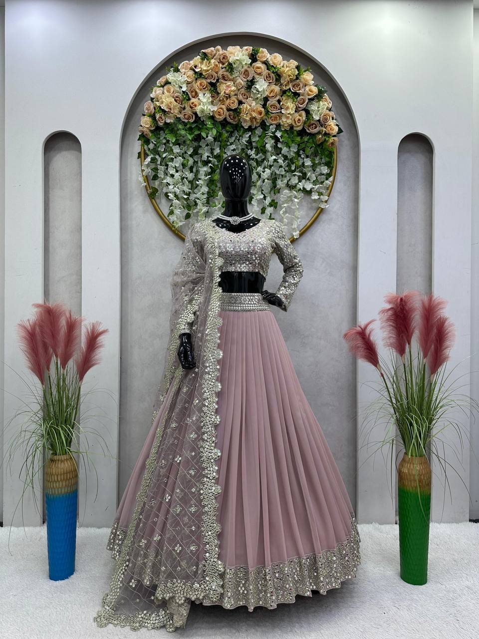 Dusty Purple Designer Faux Georgette Semi-Stitched Lehenga Set with Sequin & Thread Work