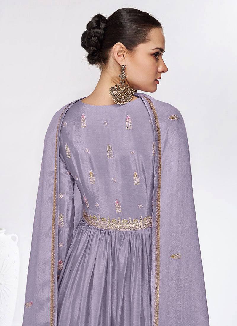 Dusty Purple Elegant Embroidered Chinon Gown with Dupatta