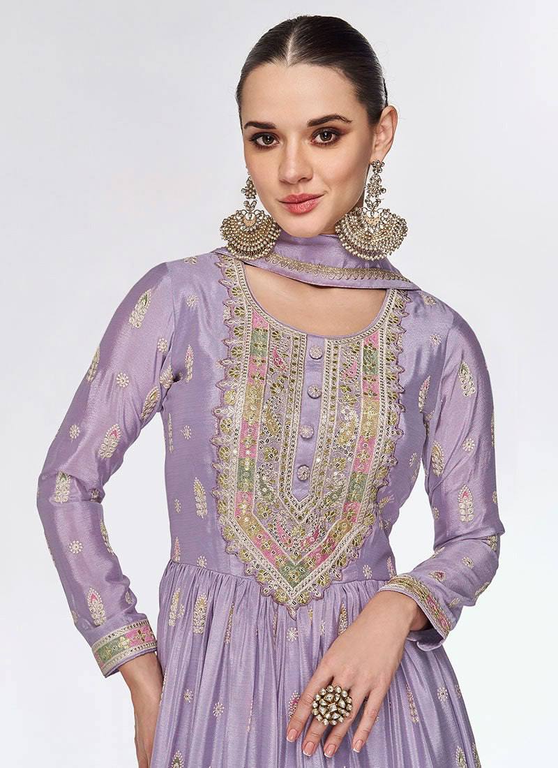 Dusty Purple Elegant Embroidered Chinon Gown with Dupatta