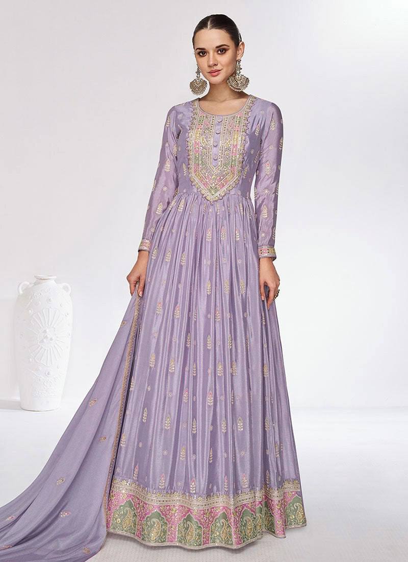 Dusty Purple Elegant Embroidered Chinon Gown with Dupatta