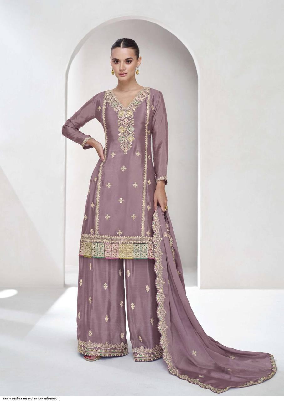 Dusty Purple Elegant Embroidered Chinon Plazo Suit Set – Full Stitched