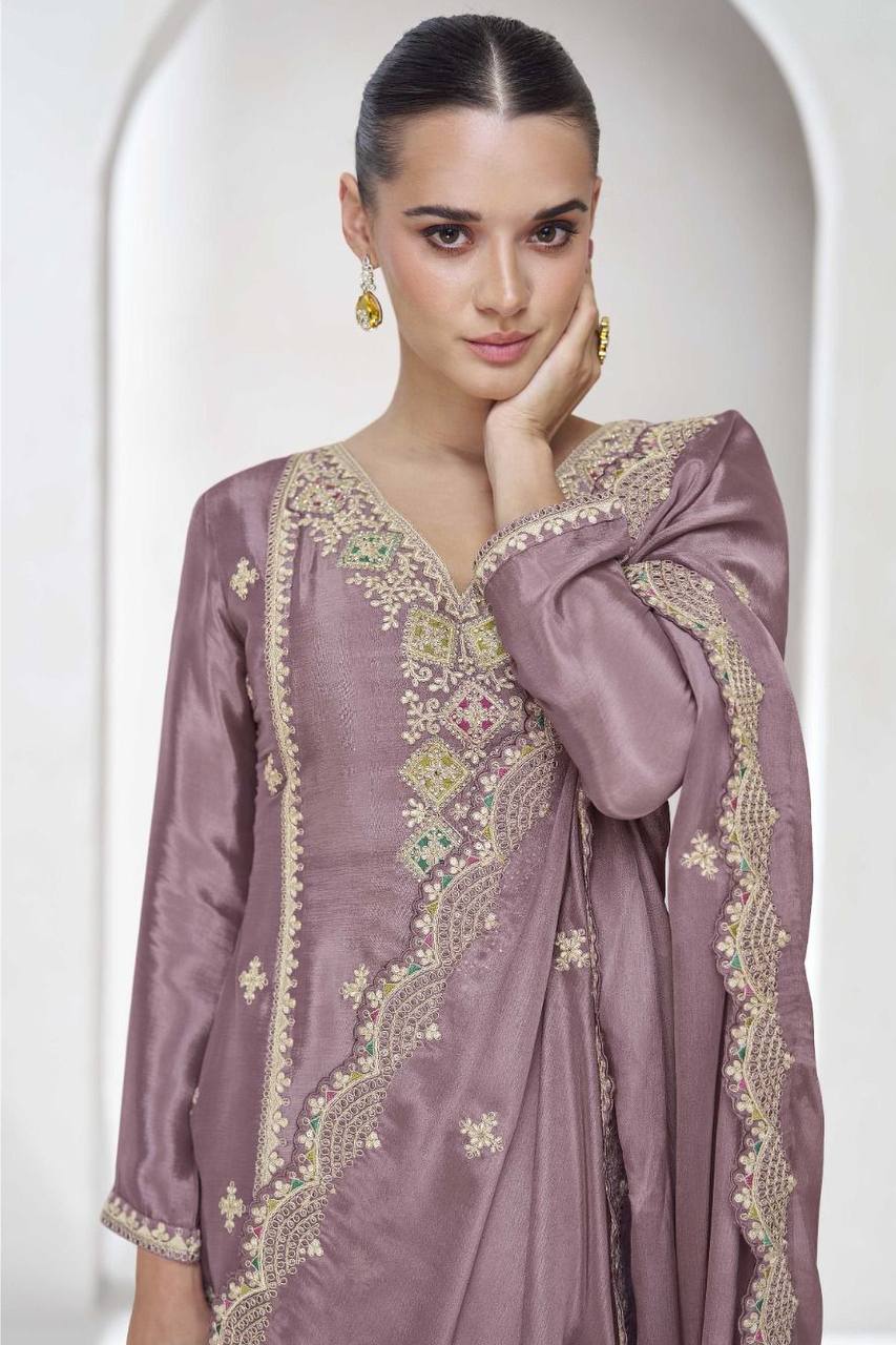 Dusty Purple Elegant Embroidered Chinon Plazo Suit Set – Full Stitched