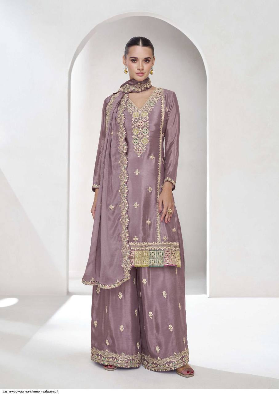 Dusty Purple Elegant Embroidered Chinon Plazo Suit Set – Full Stitched