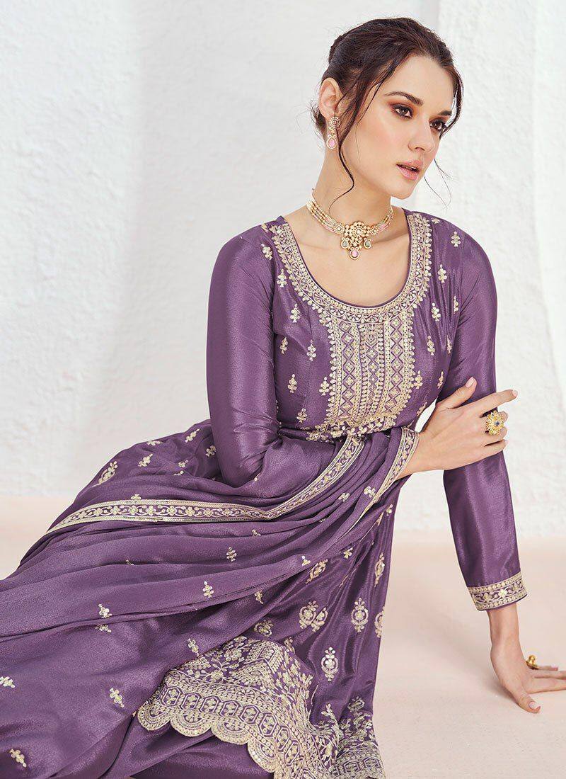 Dusty Purple Exquisite Embroidered Chinon Suit Set with Matching Dupatta