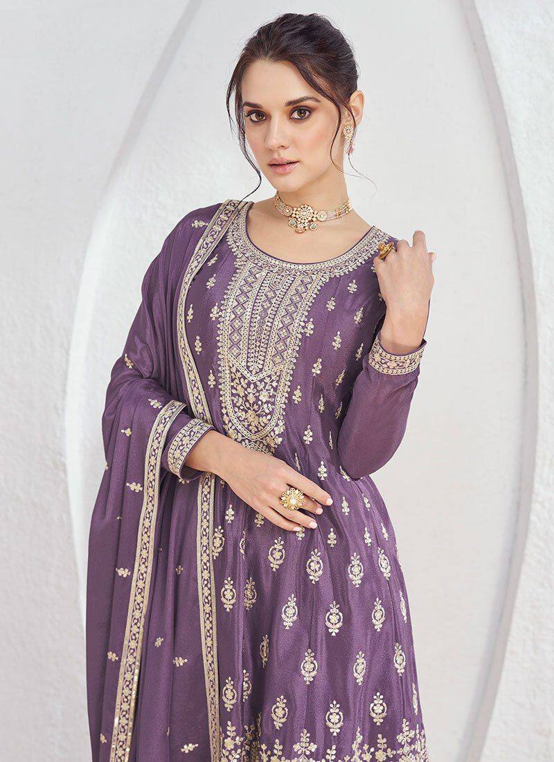 Dusty Purple Exquisite Embroidered Chinon Suit Set with Matching Dupatta