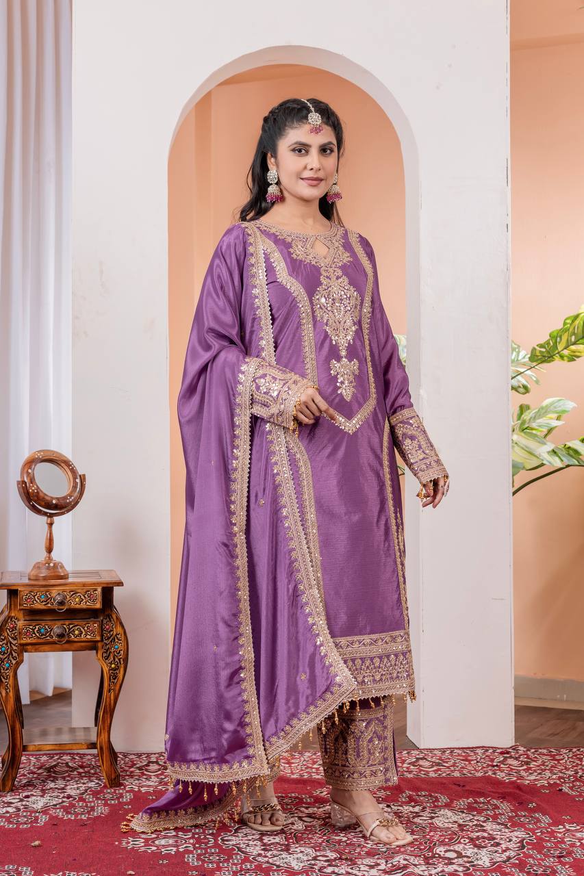 Dusty Purple Premium Designer Readymade Chinon Silk Top, Plazzo & Dupatta Set – Party Wear Elegance
