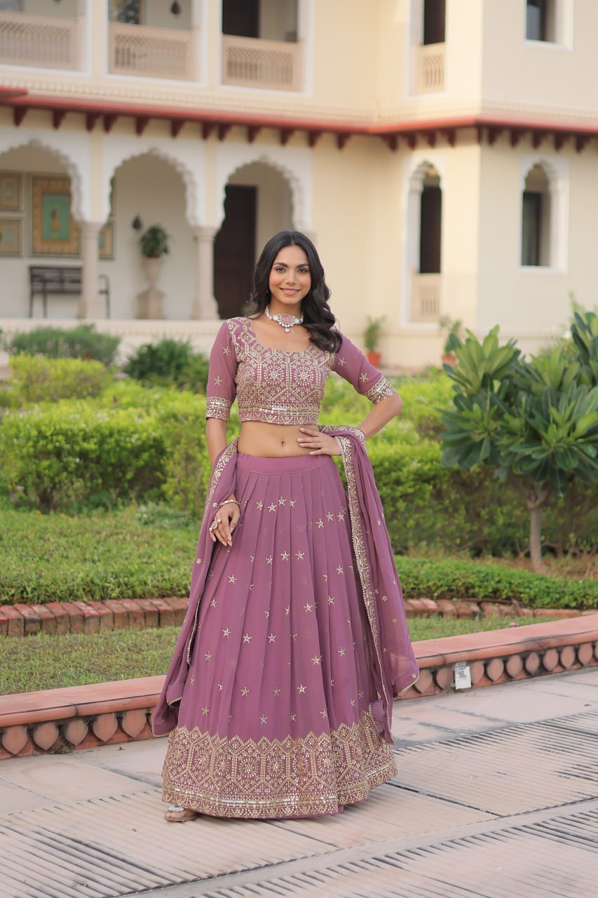 Dusty Purple Premium Faux Georgette Fully Stitched Lehenga with Sequins & Zari Multi Embroidery, Unstitched Blouse, and Matching Embroidered Dupatta