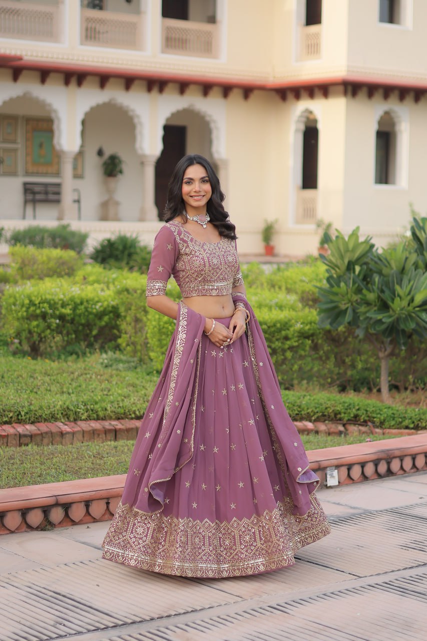 Dusty Purple Premium Faux Georgette Fully Stitched Lehenga with Sequins & Zari Multi Embroidery, Unstitched Blouse, and Matching Embroidered Dupatta