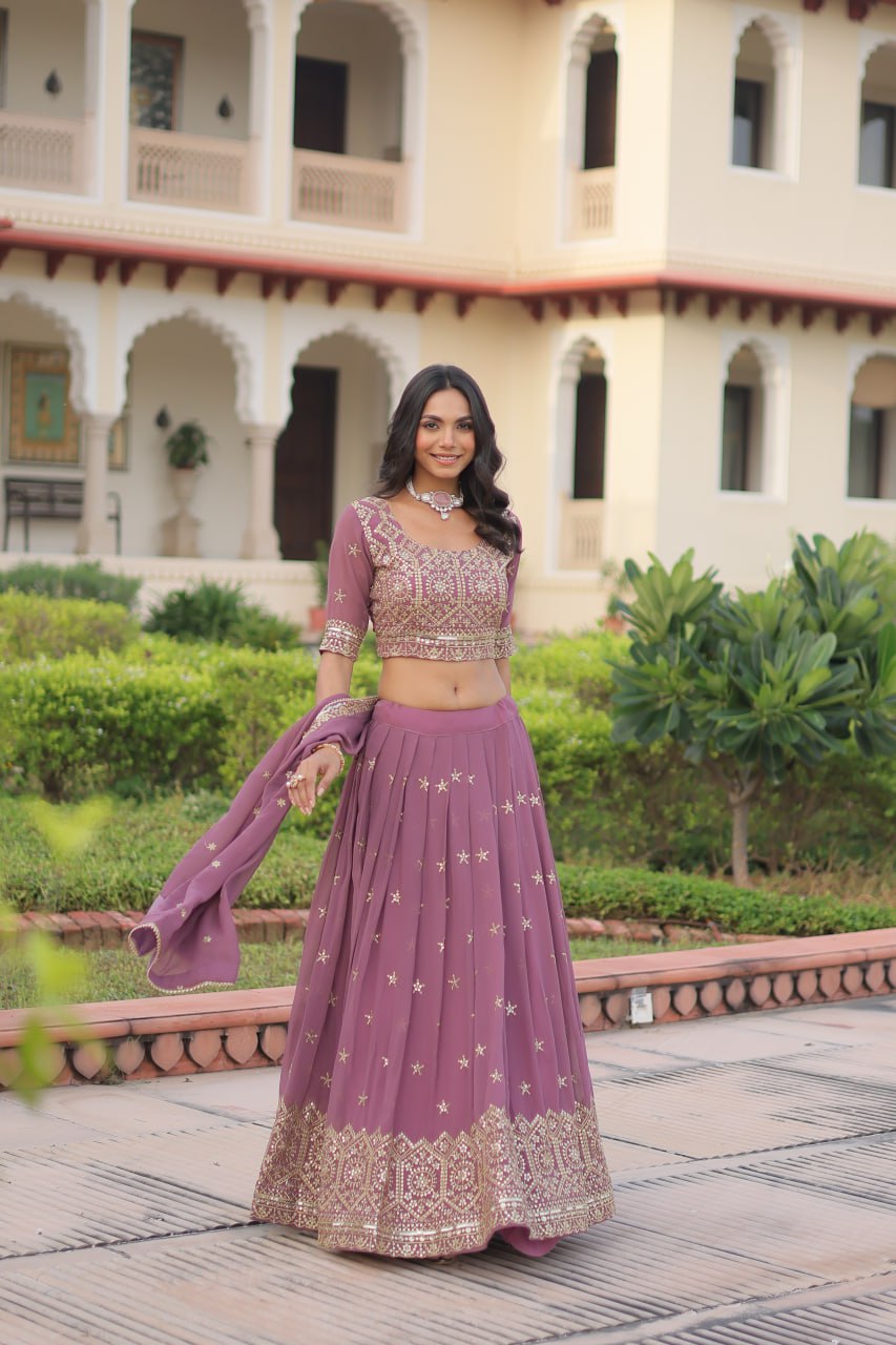 Dusty Purple Premium Faux Georgette Fully Stitched Lehenga with Sequins & Zari Multi Embroidery, Unstitched Blouse, and Matching Embroidered Dupatta
