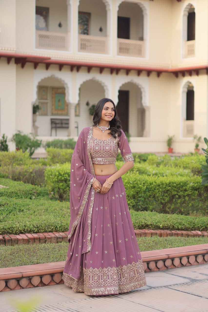 Dusty Purple Premium Faux Georgette Fully Stitched Lehenga with Sequins & Zari Multi Embroidery, Unstitched Blouse, and Matching Embroidered Dupatta