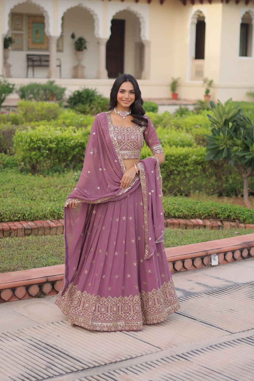 Dusty Purple Premium Faux Georgette Fully Stitched Lehenga with Sequins & Zari Multi Embroidery, Unstitched Blouse, and Matching Embroidered Dupatta