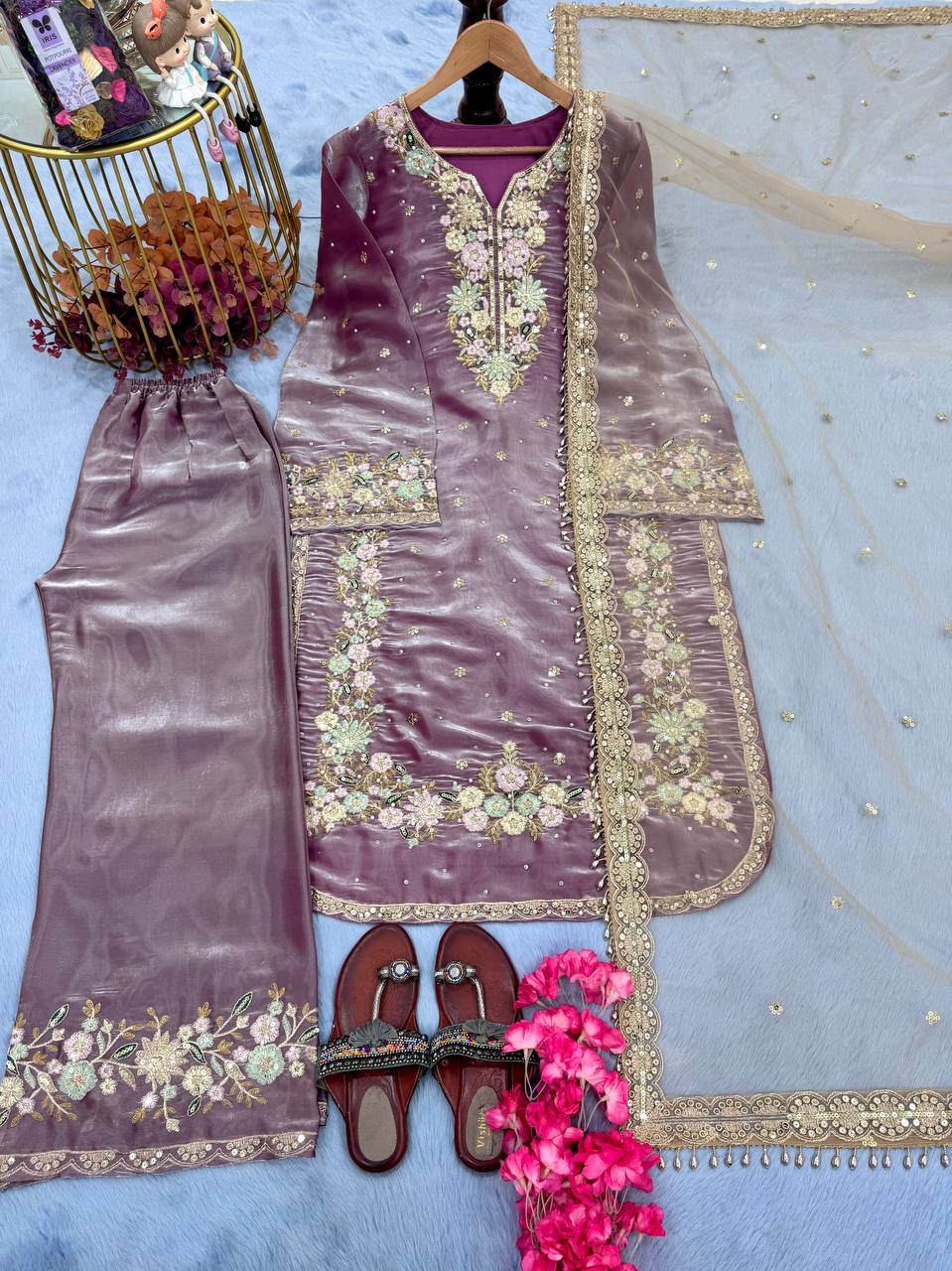 Dusty Purple Premium Embroidered Palazzo Set with Dupatta