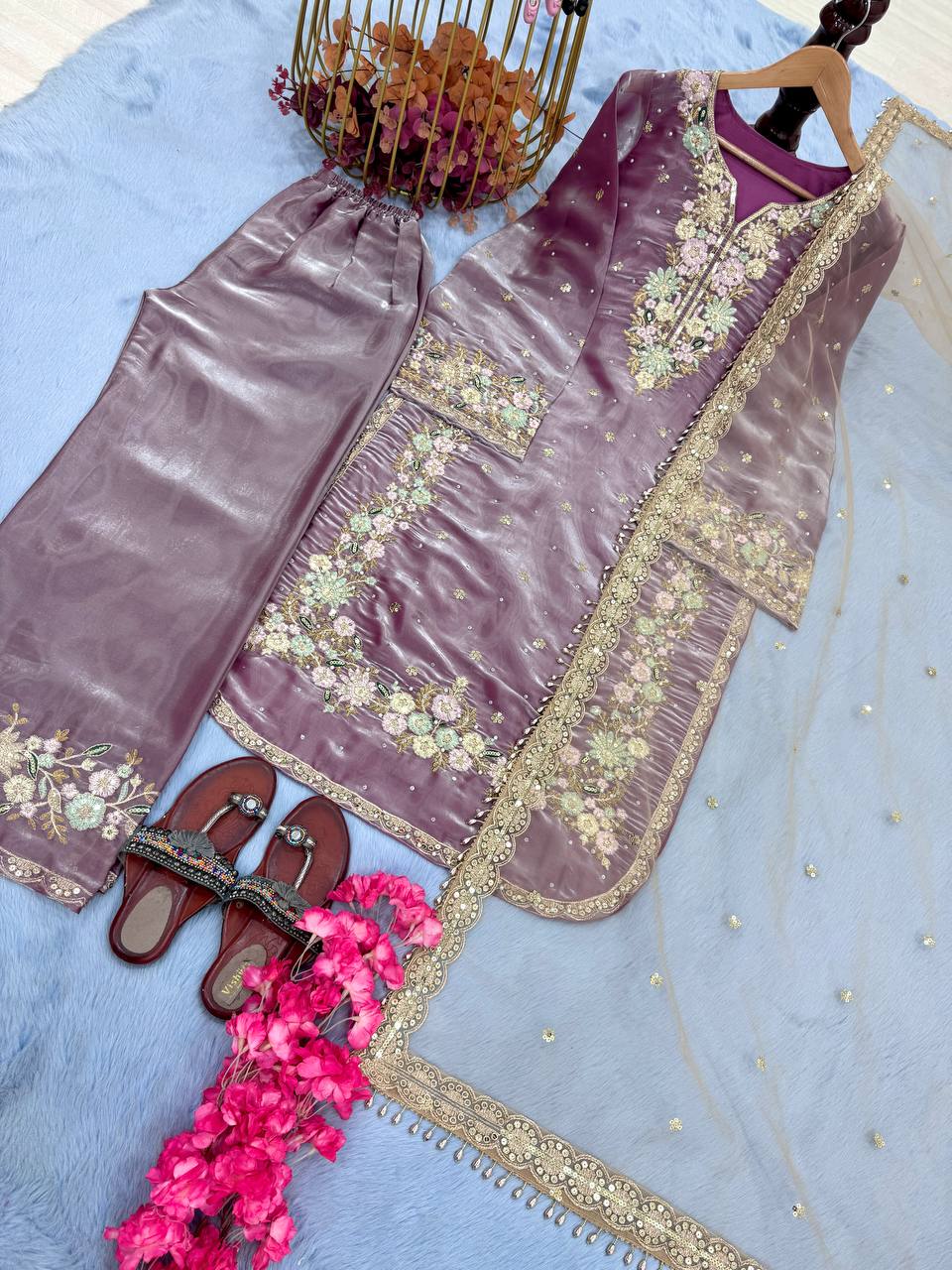 Dusty Purple Premium Embroidered Palazzo Set with Dupatta