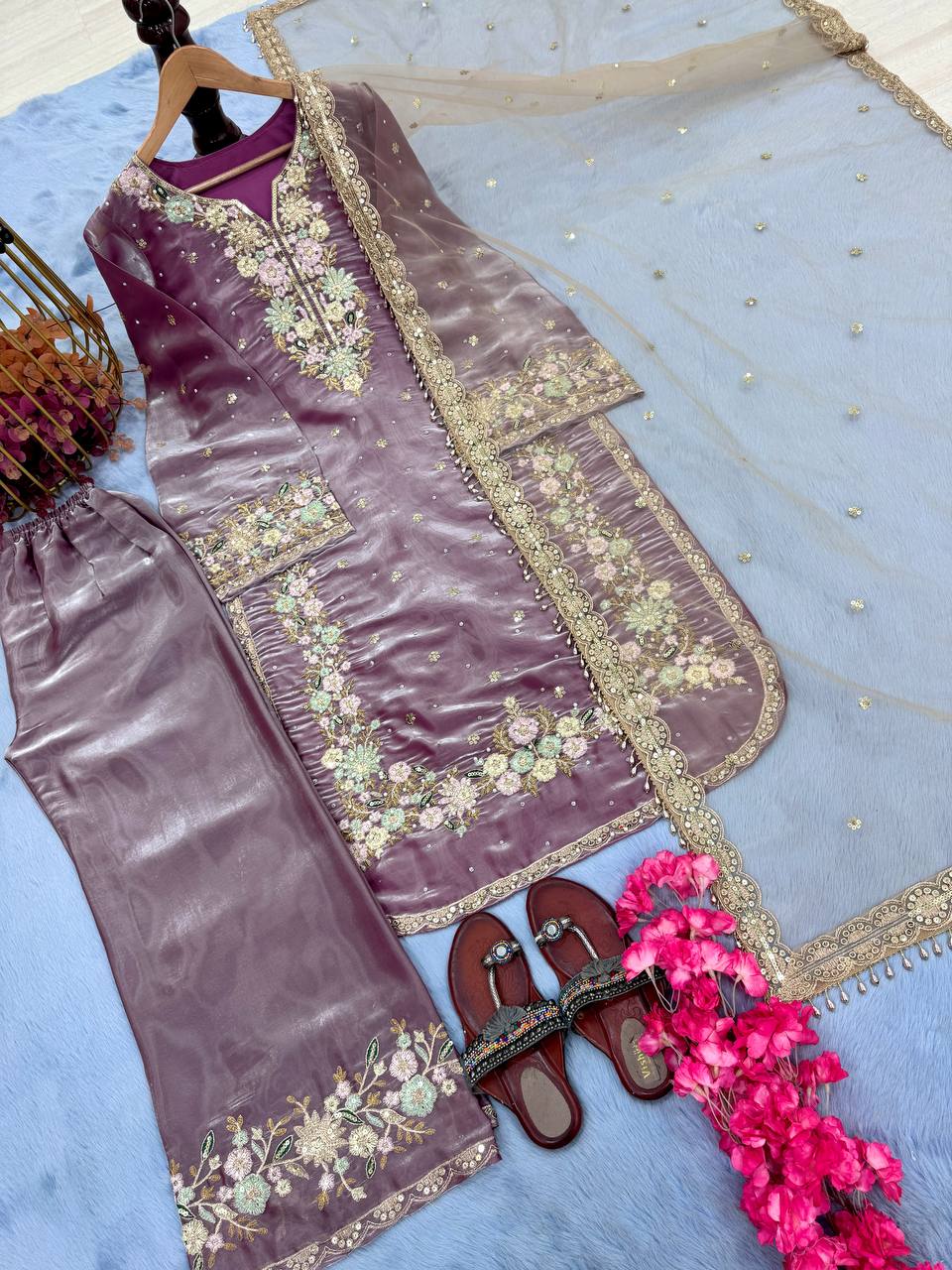 Dusty Purple Premium Embroidered Palazzo Set with Dupatta