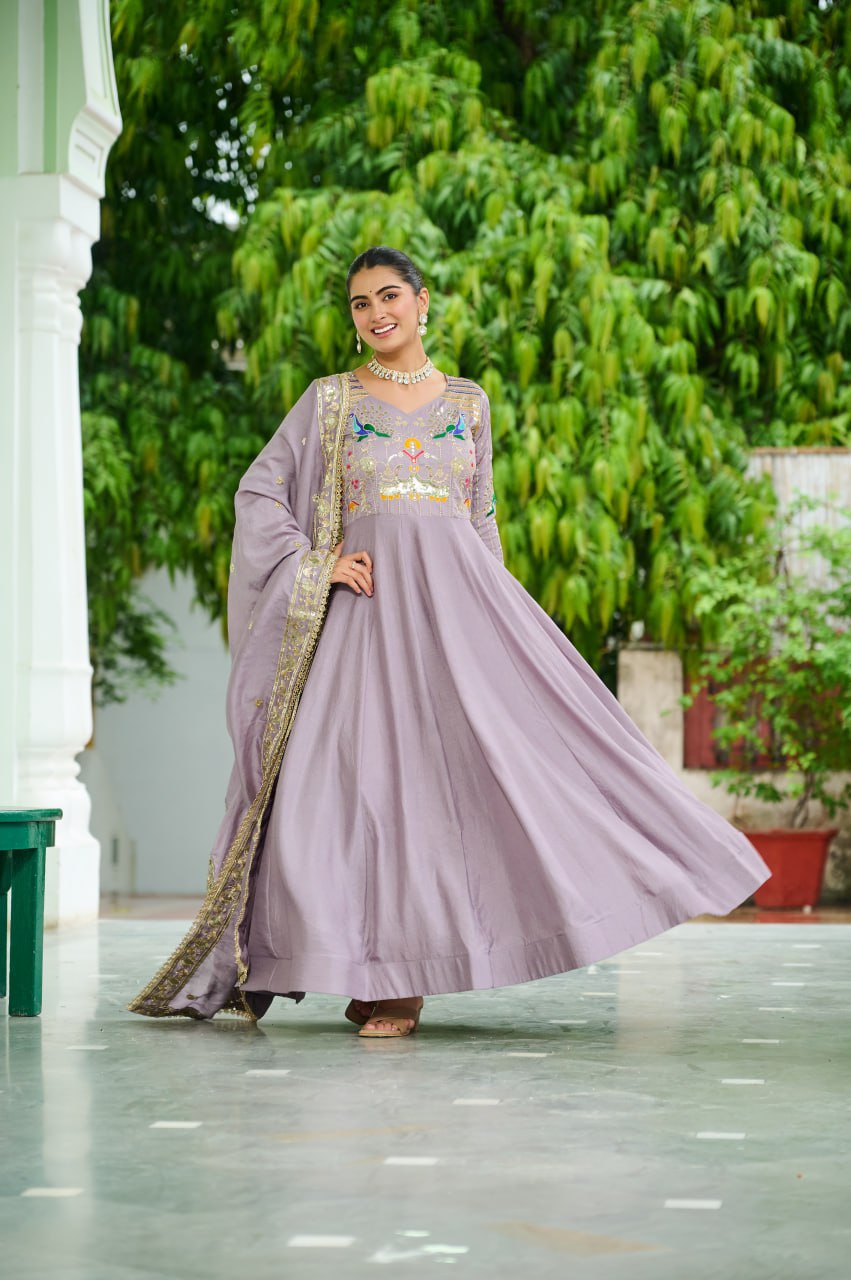 Dusty Purple Vichitra Silk Sequins & Zari Embroidered 12-Kali Anarkali Gown with Designer Dupatta