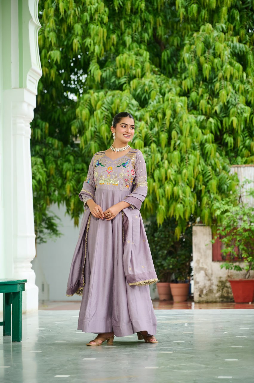 Dusty Purple Vichitra Silk Sequins & Zari Embroidered 12-Kali Anarkali Gown with Designer Dupatta