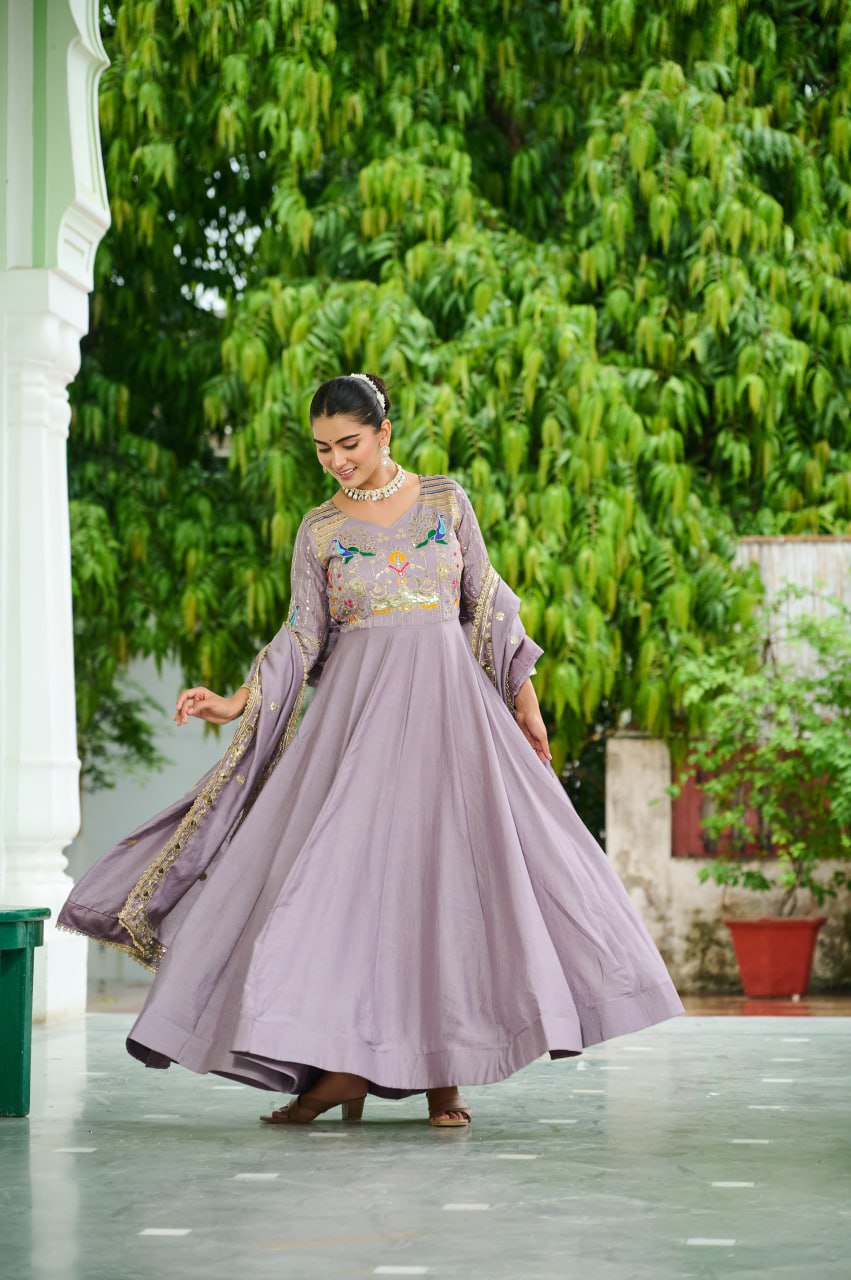 Dusty Purple Vichitra Silk Sequins & Zari Embroidered 12-Kali Anarkali Gown with Designer Dupatta