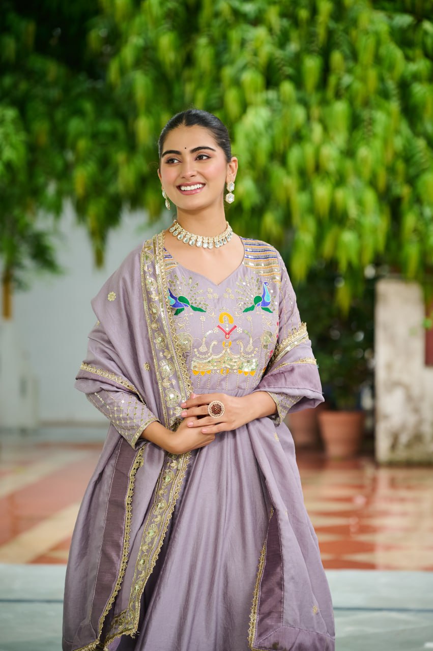 Dusty Purple Vichitra Silk Sequins & Zari Embroidered 12-Kali Anarkali Gown with Designer Dupatta