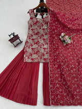 Dusty Red Premium Simmer Silk Sharara Set with Dupatta – Thread & Sequin Work | Fully Stitched