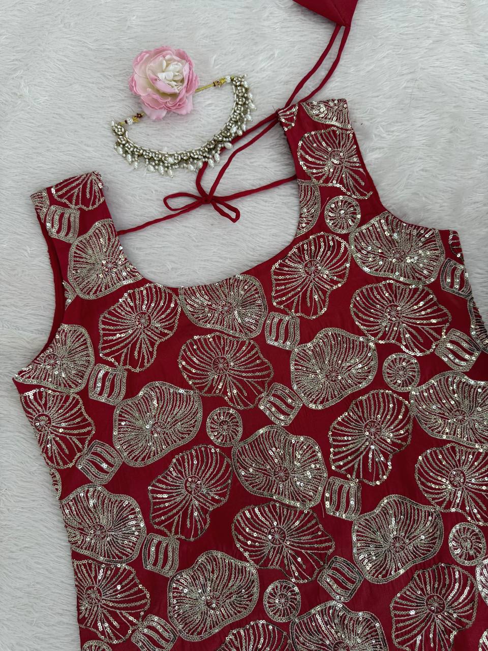 Dusty Red Premium Simmer Silk Sharara Set with Dupatta – Thread & Sequin Work | Fully Stitched